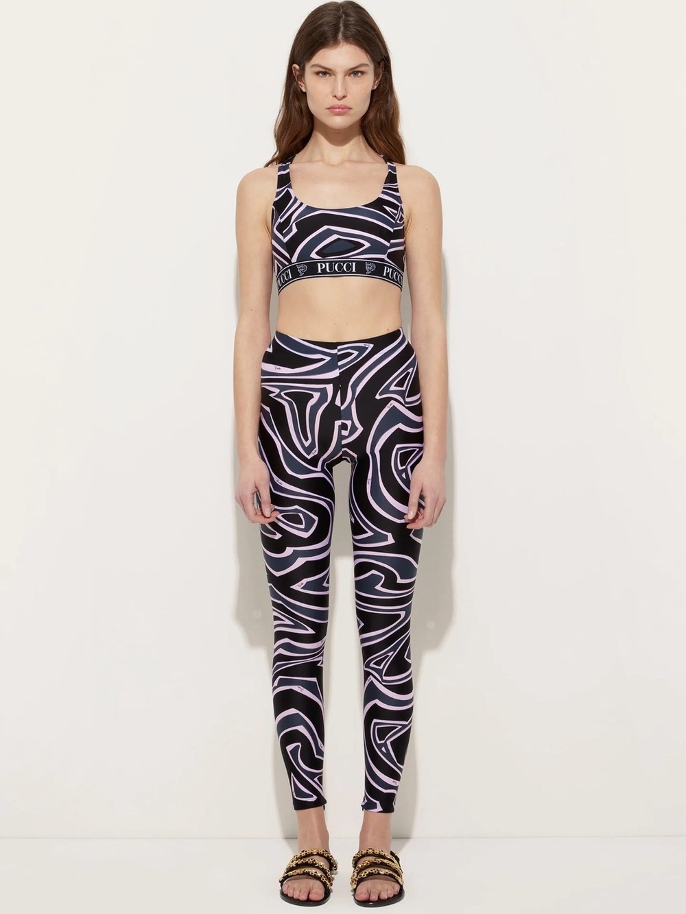 Emilio Pucci Black and Light Pink Abstract Swirl Track Leggings & Crop Top